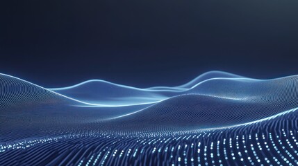 Poster - Abstract glowing blue digital landscape, wavy lines and dots forming hills.