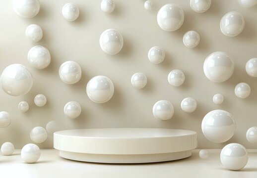 A 3D rendering of a white podium display with elegant beige design elements provides a minimalist setting for product presentation