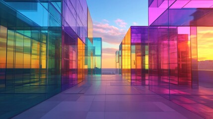 Poster - colorful glass building cityscape at sunset.