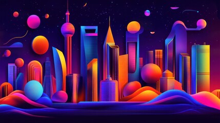 Poster - vibrant futuristic cityscape at night with glowing skyscrapers and abstract shapes.