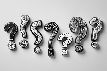 Poster - Black question marks with white patterns on grey background, arranged in a row, showcasing curiosity, inquiry, and problem-solving concepts