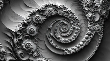 Poster - Intricate grayscale fractal art featuring a swirling spiral pattern with embossed textures and ornate details.