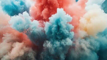 Poster - vibrant explosion of colorful smoke plumes in blue, red, and yellow.