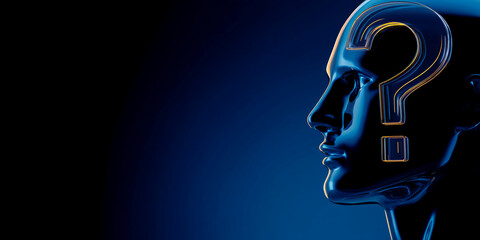 Poster - Dark blue metallic head profile, question mark embedded, suggestive of inquiry, mystery, or problem-solving, ideal for abstract concepts
