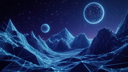 Poster - Futuristic low-poly landscape with glowing planets and starry night sky.