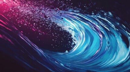 Poster - abstract swirling blue wave with pink and purple neon light effects on black background.