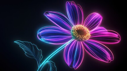 Poster - neon glowing daisy flower with vibrant petals and stem on black background.
