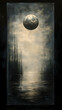 © abid - A serene, ethereal landscape of a misty, reflective lake with tall, dark structures and a large moon