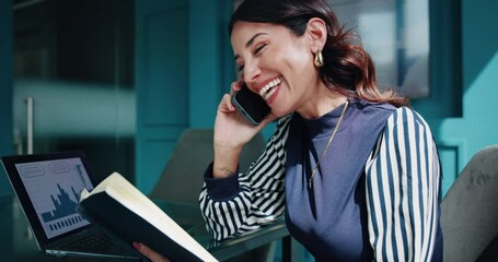 Poster - Phone call, notebook and smile with business woman in office for schedule, financial adviser and bookkeeping. Budget report, networking and investment project with person in agency for feedback