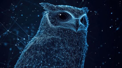 Poster - digital owl, polygonal lines, dark background.