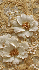 Poster - Close-up of embossed beige and gold floral design, showcasing textured petals and leaves, suggesting elegance and luxury suitable for interior design or wallpaper
