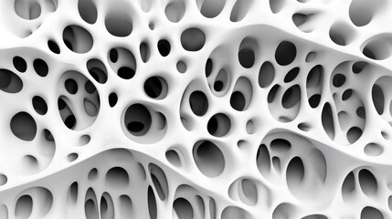 Poster - Abstract 3D rendering of a white porous structure with interconnected cavities and tunnels.
