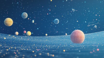 Poster - abstract cosmic landscape with colorful planets and stars.