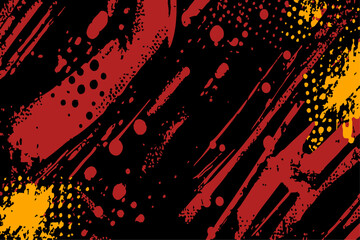 Abstract grunge vector background with dynamic red and yellow paint strokes, splatters, and halftone dots on a black base. Edgy, textured design element for energetic or industrial-themed projects.