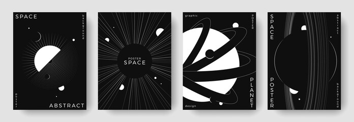 Wall Mural - set of abstract space astronomy backgrounds. line art simple planet, galaxy, black hole. black and w