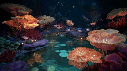 Poster - Luminous orange fungi surround a tranquil pool in a dark, fantastical landscape, depicting a serene, otherworldly scene perfect for fantasy or nature themes