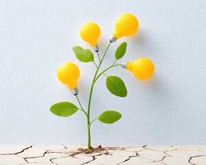 Aufkleber - Bright Ideas Growing A Plant with Yellow Light Bulbs Blooming from Dry Cracked Earth