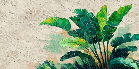 Fototapete - Impasto painting of green tropical leaves on beige textured background, showcasing vibrant color and brushstrokes, ideal for nature-themed designs or decor