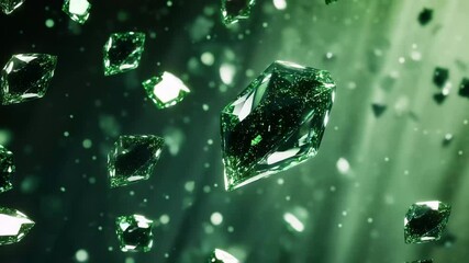Poster - Emerald green brilliants falling in a shimmering light display, Emerald green brilliants are falling 3D render seamless