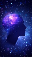 Poster - Human Head Silhouette with Glowing Neurons in Space, Meditation and Consciousness Concept