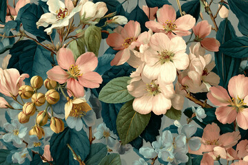 Poster - Close-up of pink, white, and blue flowers with dark green leaves, lush and vibrant, showcasing a botanical elegance perfect for decor or design projects