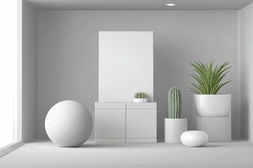 Poster - A minimalist studio setup featuring a blank canvas above a cabinet, complemented by various potted plants and a decorative sphere, all bathed in soft, diffused light.