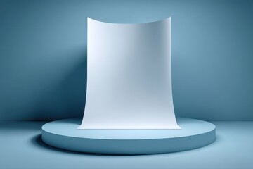 Poster - A minimalistic studio setup featuring a curved paper sheet on a round platform, illuminated by soft, diffused light against a monochromatic blue backdrop, creating a modern and clean aesthetic.