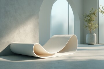 Poster - A minimalist interior with a modern curved bench, soft light, and a potted plant creating a peaceful and serene atmosphere, showcasing simple design and elegance.