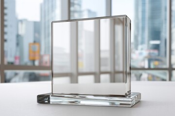 Poster - A minimalist clear glass display frame sitting on a white table with a modern cityscape visible through a large window during daylight hours, showcasing sleek design.