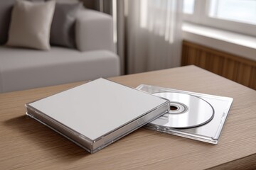 Poster - A blank CD case mockup resting on a wooden table, offering a clean and minimalist template for showcasing album artwork, with a sofa blurred in the background.