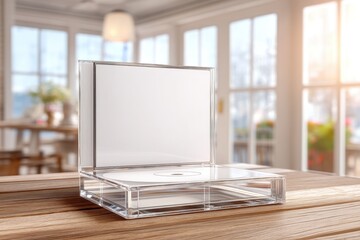 Poster - Clear CD Jewel Case Mockup on a Rustic Wooden Table near a Window, illuminated by soft sunlight, perfect for showcasing artwork or music designs with a modern aesthetic.