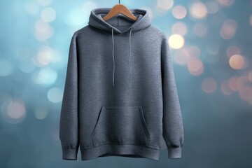 Poster - Stylish gray hoodie hanging on a wooden hanger against a bokeh background, showcasing casual fashion and comfortable apparel for everyday wear and modern lifestyles.