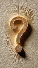 Poster - Beige question mark formed from layered lines on textured background, radiating lines surrounding it, suggesting inquiry, curiosity, or problem-solving