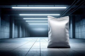 Poster - A white textile bag mockup standing in the middle of an urban style interior, with concrete wall and neon lights, showcasing product design potential.