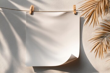 Poster - A blank white paper hanging on a clothesline with wooden clips, with decorative dry palm leaves casting shadows, showcasing a clean and minimalist aesthetic.