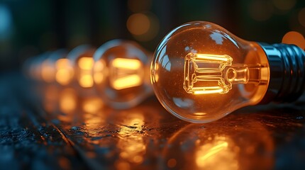 Poster - Row of clear incandescent bulbs glowing on dark blurred background concept of bright creative ideas, leadership inspiration, and energy innovation theme
