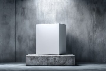 Poster - Minimalist abstract presentation podium with a white cube and grey concrete, set against a raw concrete wall, perfect for product showcase and artistic display.