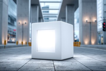 Poster - Minimalist white cube structure with a bright light on a city street, enhancing urban architecture and providing a modern artistic element in an urban setting.