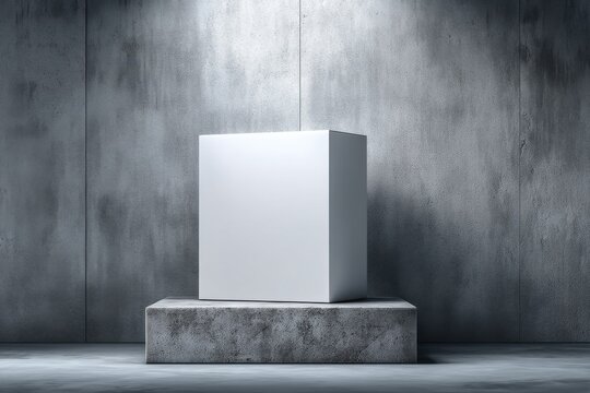 Minimalist abstract presentation podium with a white cube and grey concrete, set against a raw concrete wall, perfect for product showcase and artistic display.