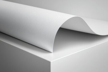 Poster - A minimalist composition featuring a pristine white paper surface curling gracefully over a geometric white shape, creating a clean, modern aesthetic and smooth textures.