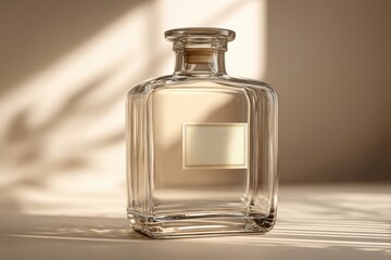 Poster - Elegant glass bottle with a label, standing in soft sunlight, creating a refined and sophisticated look for branding, product presentation, and luxury concepts.