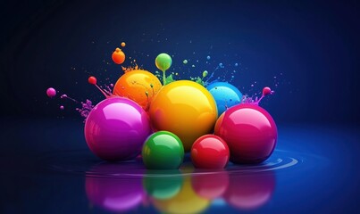 Poster - colorful abstract spheres with splashes in vibrant blue background