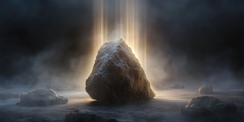 Poster - mysterious illuminated rock formation surrounded by mist and shadows