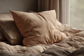 Poster - close-up of textured pillows and bedding in neutral tones, creating a cozy and inviting atmosphere f