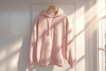 Poster - A soft pink hoodie hangs on a wooden hanger, casting gentle shadows on the white wall, illuminated by natural light streaming from a nearby window, creating a cozy ambiance.