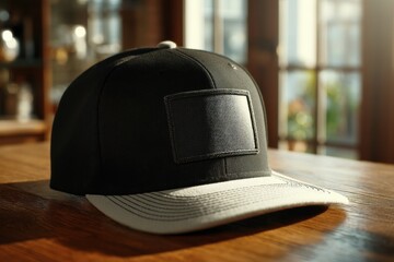 Poster - A close-up studio shot of a stylish black baseball cap with a logo patch, set on a wooden table, softly illuminated by natural window light creating a modern feel.
