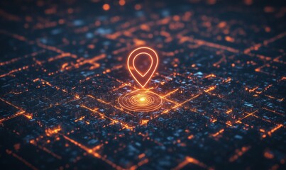 Poster - Glowing location pin over urban cityscape with illuminated streets and buildings