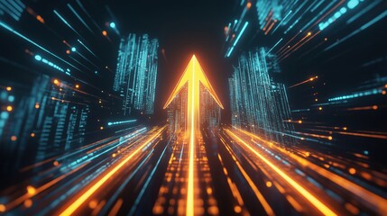 Poster - Futuristic digital arrow pointing forward amidst glowing cityscape and data streams