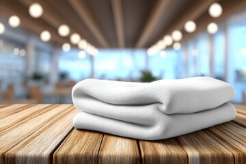 Poster - close-up of a neatly folded stack of white towels on a wooden table, with a soft, blurred background