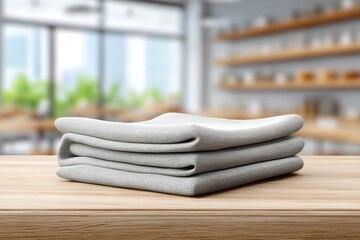 Poster - folded gray kitchen towels are neatly stacked on a light wooden tabletop surface, with an out-of-foc
